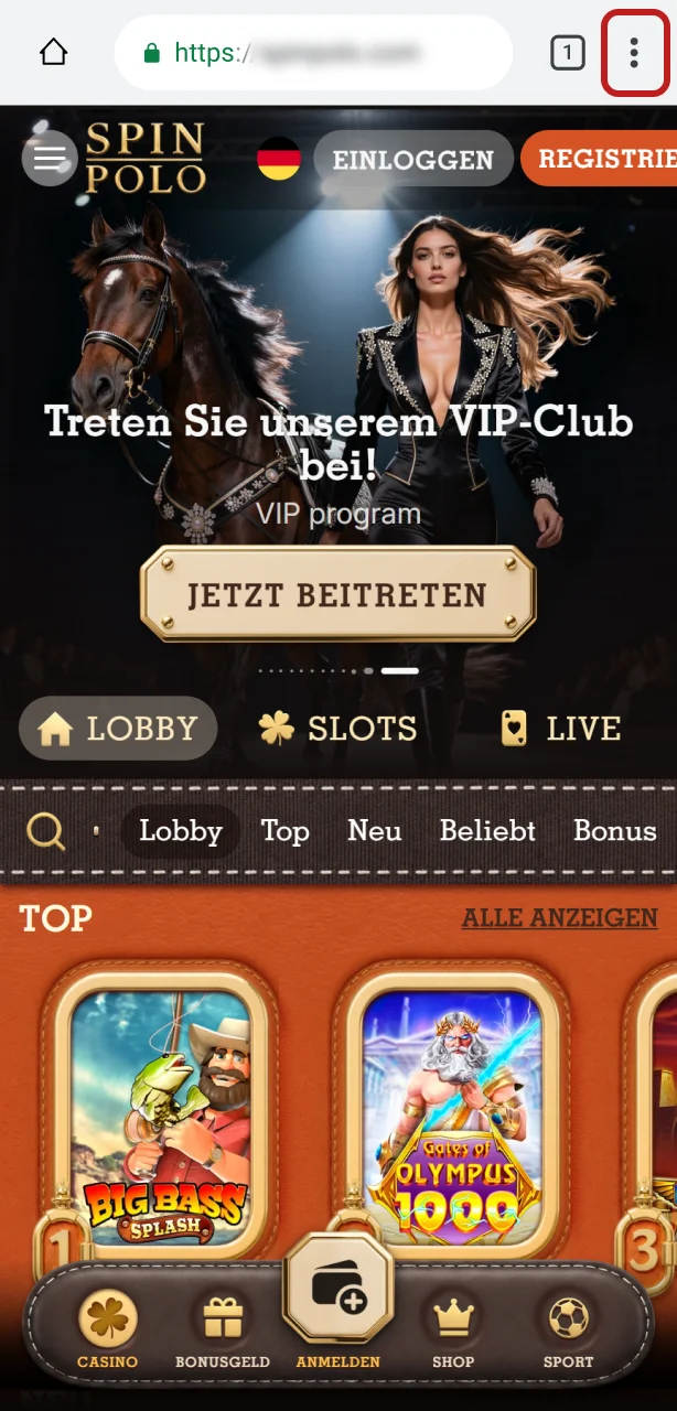 Öffnen Sie den Google Chrome Browser auf Ihrem Android-Gerät und rufen Sie die mobile Spinpolo App Webseite auf.