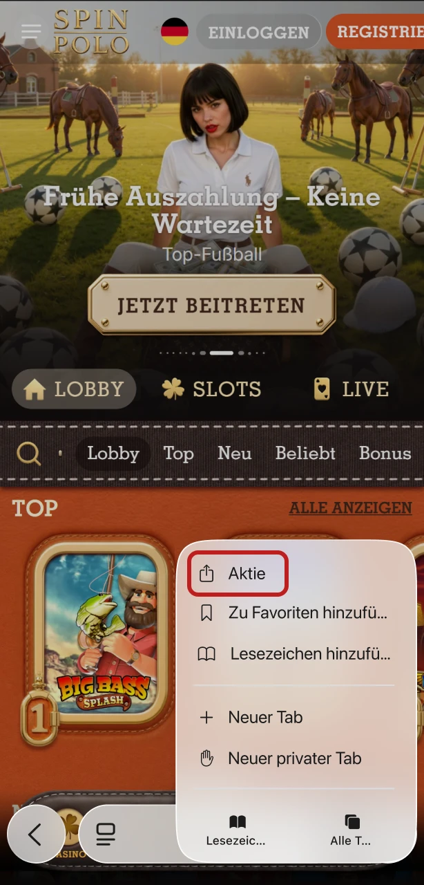 Tippen Sie auf das Teilen-Symbol im Browser für die Spinpolo App.