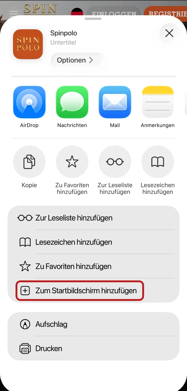 Wählen Sie die Option zum Home-Bildschirm hinzufügen für die Spinpolo App.