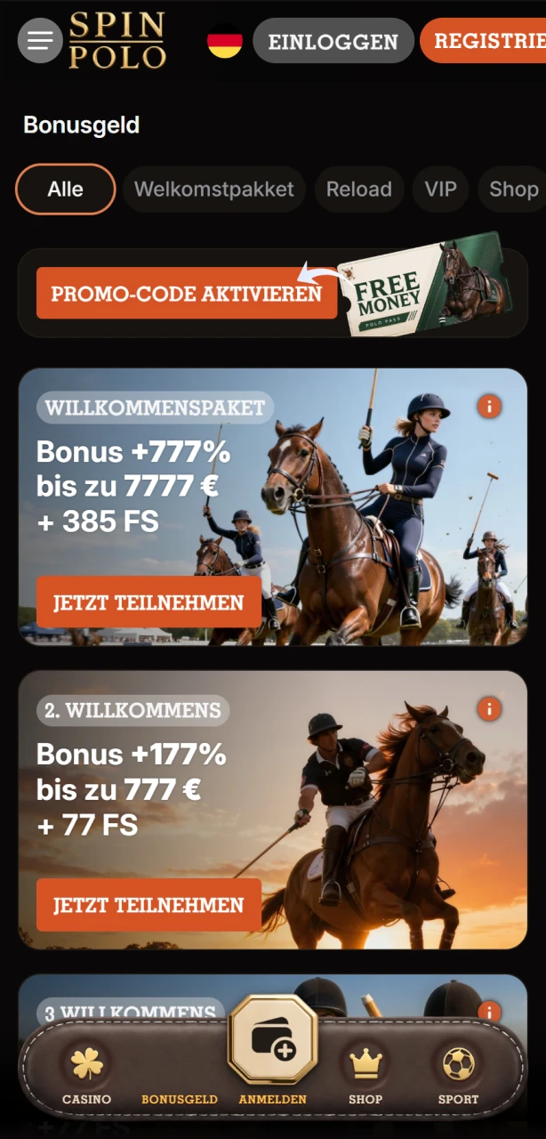 Aktivieren Sie attraktive Boni direkt in der mobilen Spinpolo App.