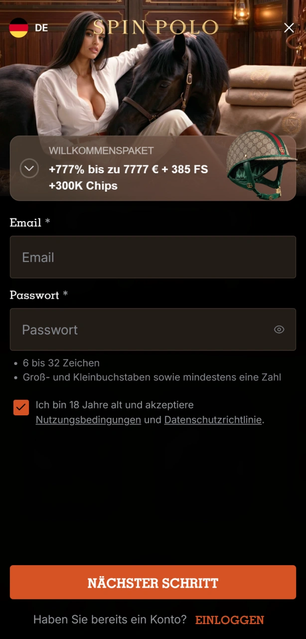 Starten Sie die Registrierung in der mobilen Spinpolo App für Deutschland.