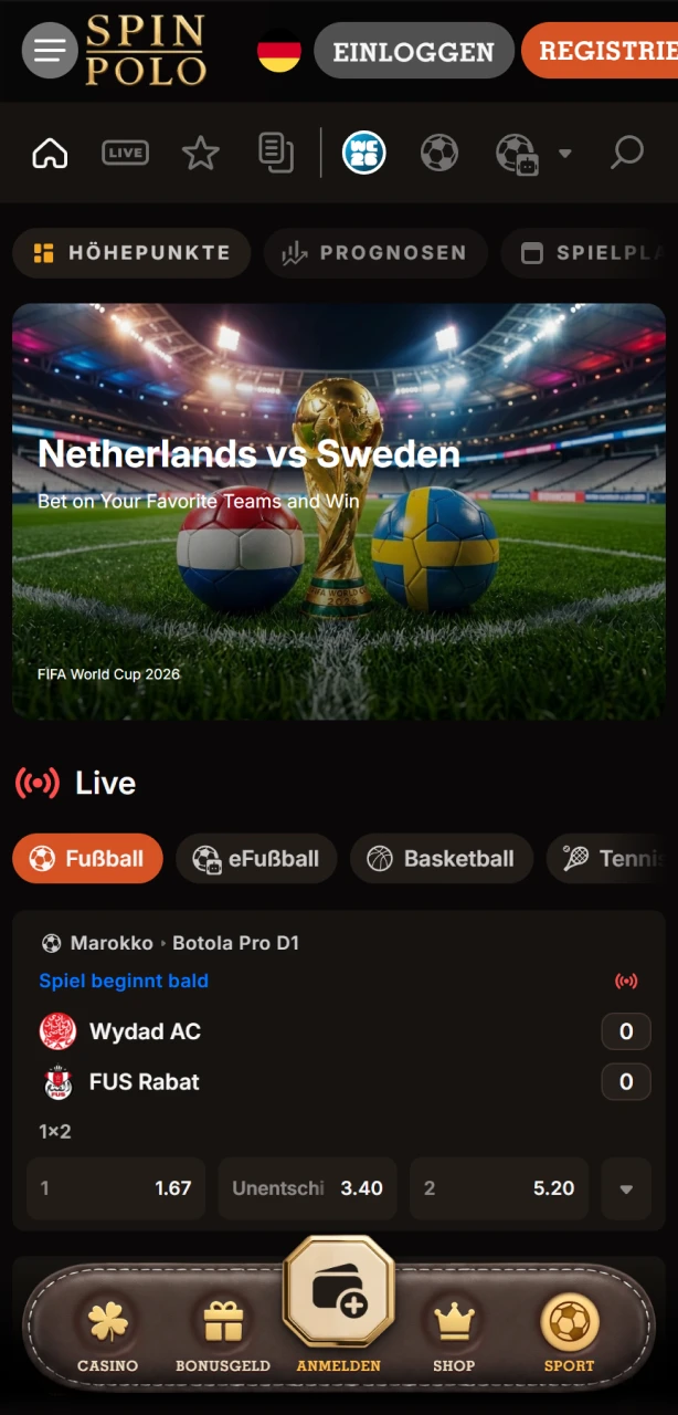 Platzieren Sie mobile Sportwetten direkt über die Spinpolo App.