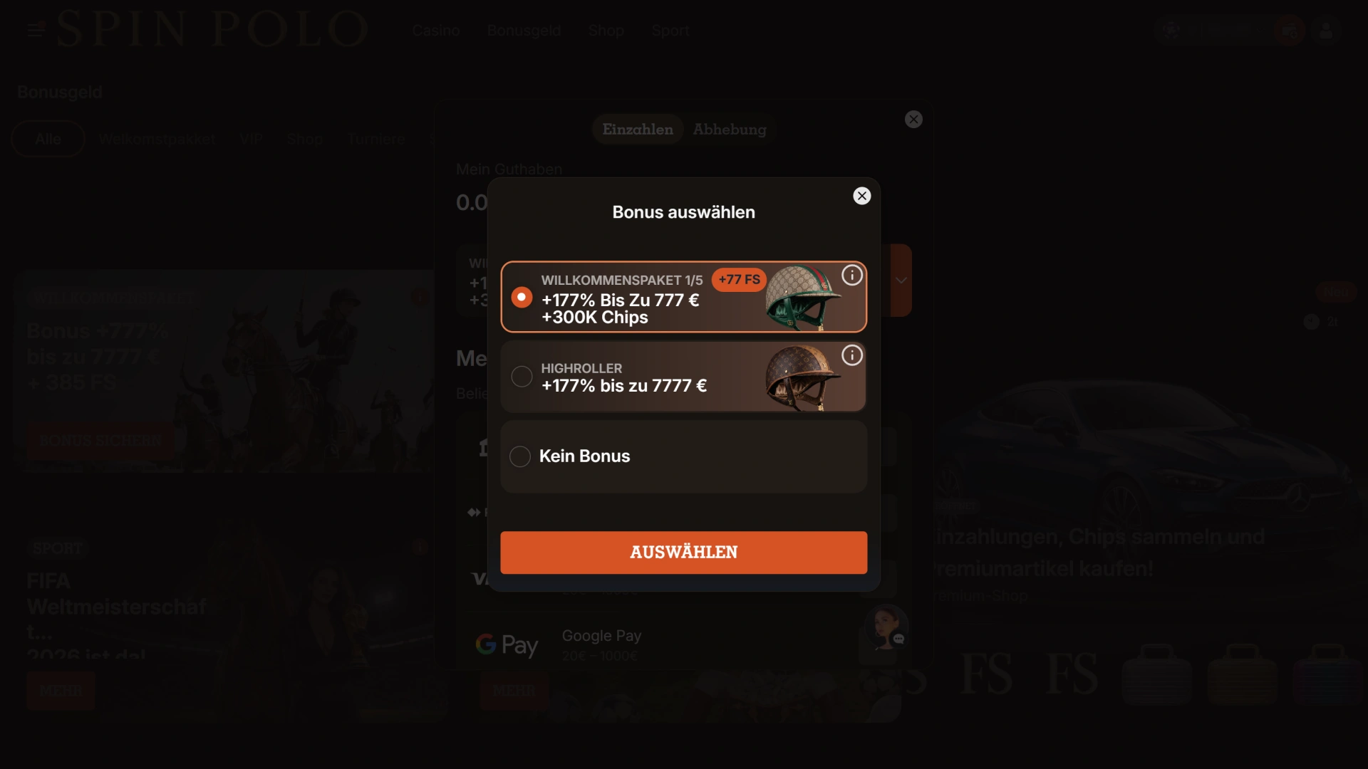 Wählen Sie Ihren bevorzugten Bonus im Spinpolo Casino direkt aus.
