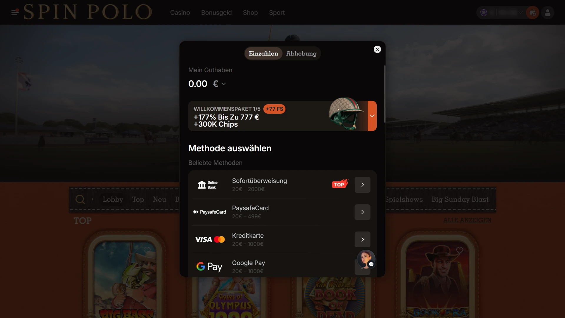 Tätigen Sie eine sichere Einzahlung auf der Spinpolo Sportwetten Plattform.