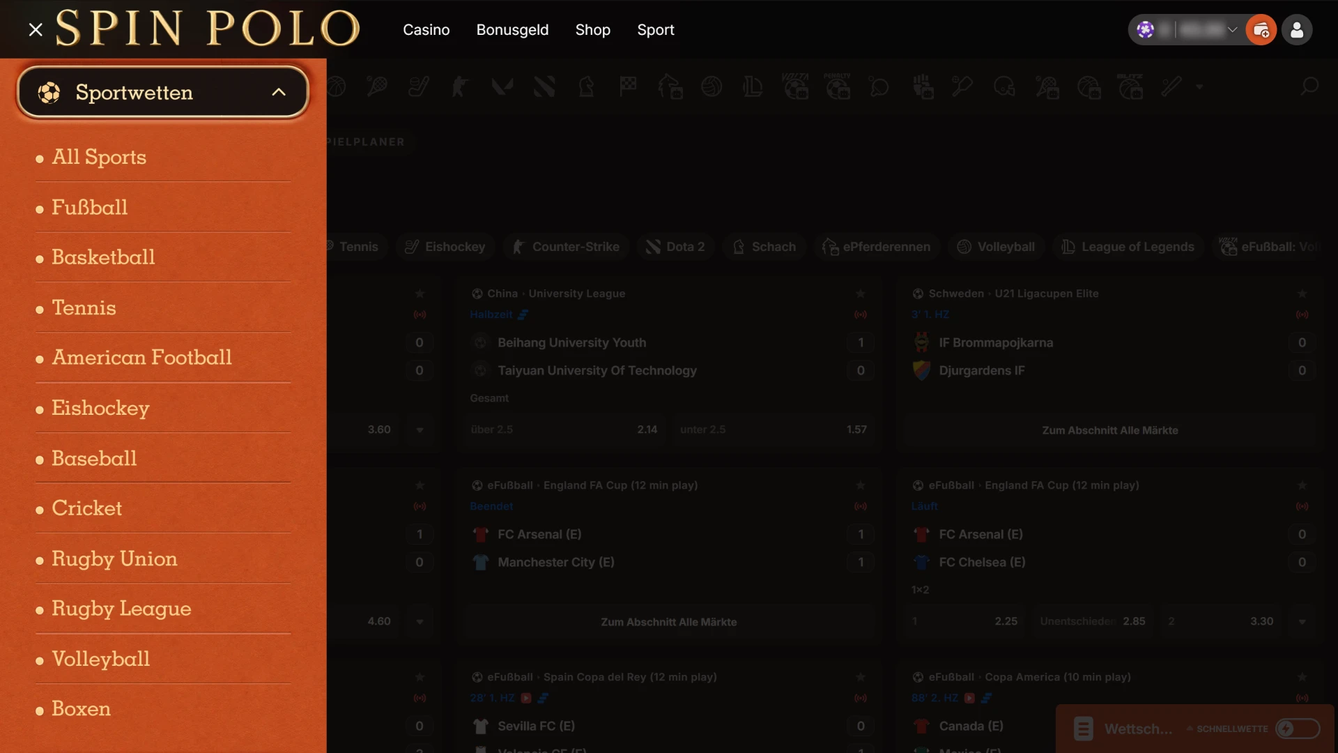 Wählen Sie Ihre bevorzugte Sportart für packende Spinpolo Sportwetten aus.